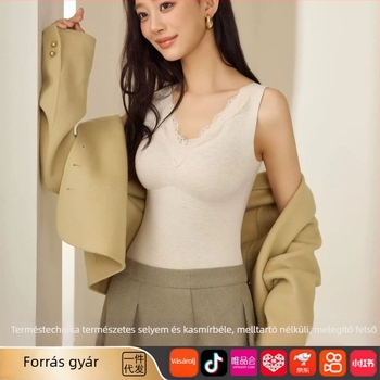 Termikus mellény V-nyakú, csipkével, varrás nélküli kialakítás, mellbetéttel és önmelegítő selyem-kasmír alapréteg