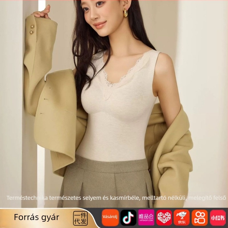 Termikus mellény V-nyakú, csipkével, varrás nélküli kialakítás, mellbetéttel és önmelegítő selyem-kasmír alapréteg