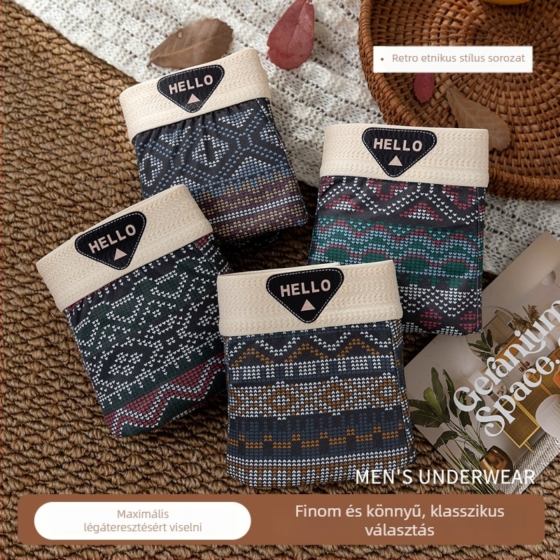 Férfi boxer briefek, etnikus csíkos mintával, légző Milk Silk poliészter keverék, középmagas derekú, kötött anyag, tinédzserek számára