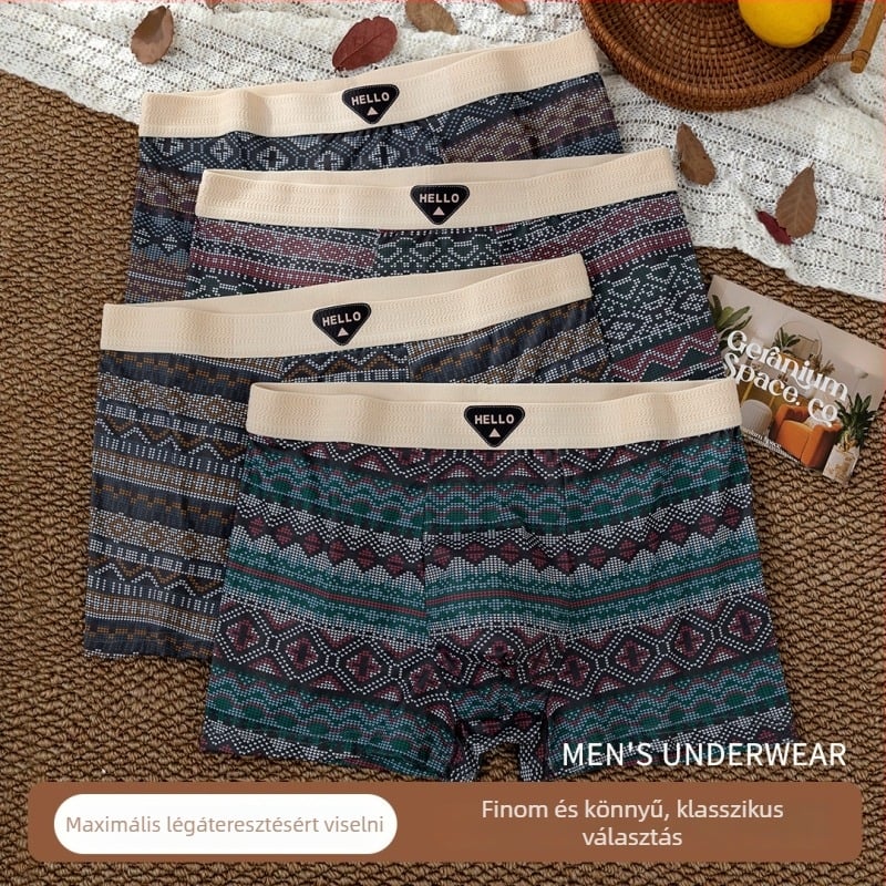 Férfi boxer briefek, etnikus csíkos mintával, légző Milk Silk poliészter keverék, középmagas derekú, kötött anyag, tinédzserek számára
