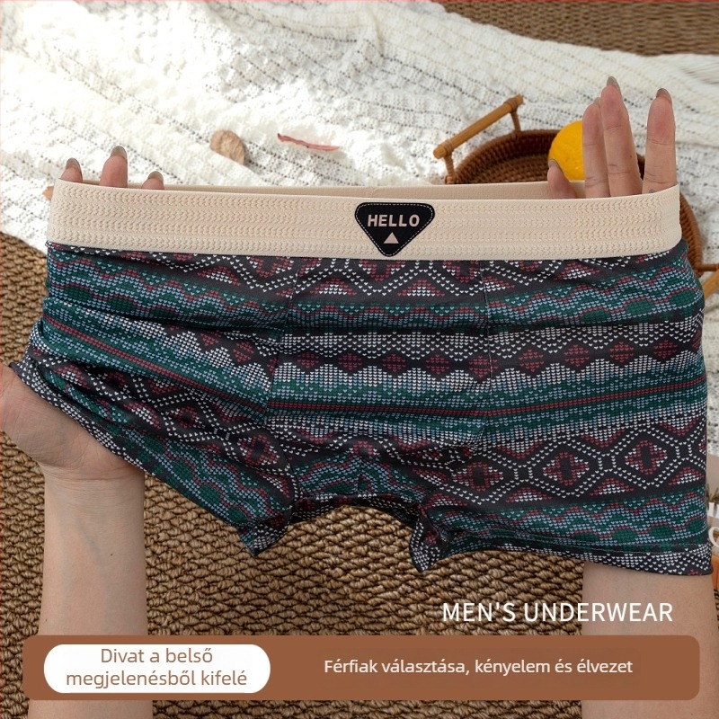 Férfi boxer briefek, etnikus csíkos mintával, légző Milk Silk poliészter keverék, középmagas derekú, kötött anyag, tinédzserek számára