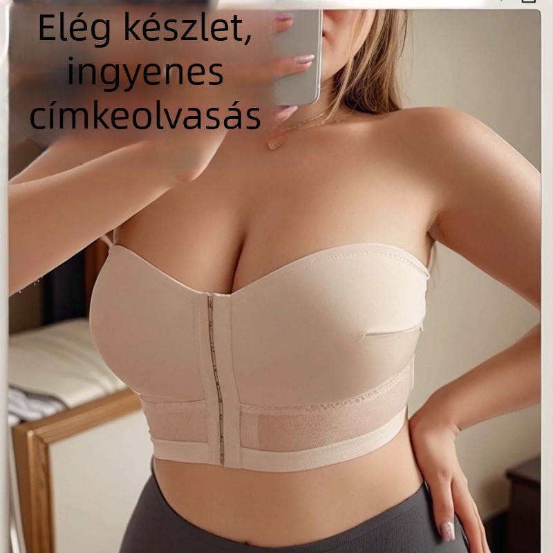 Váll nélküli, elülső záródású wrap stílusú bustier, poliészter 80–90%, telt kosár, vékony formázott kosár