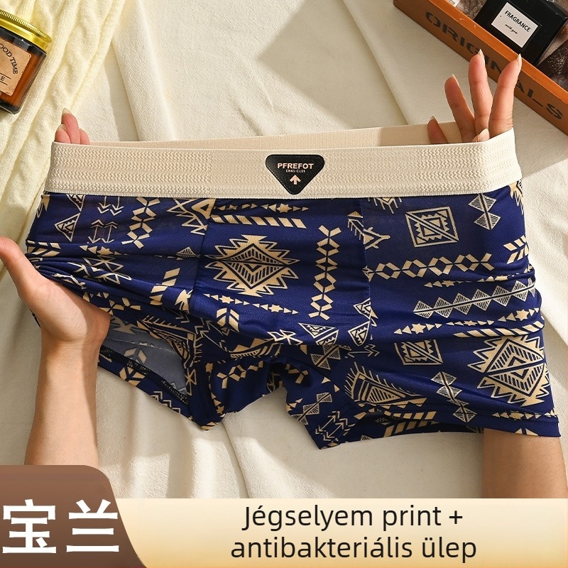 Férfi ice silk boxeralsó rombusz mintával, antibakteriális, lélegző, középmagas derekú