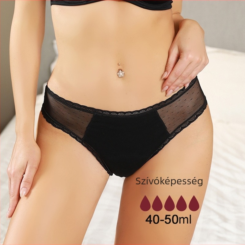 Női menstruációs fehérnemű, 4 rétegű leak-proof védelemmel, pamut anyag, csipke, középmagas derék, ágyék 10% spandex (4 réteg; 90% pamut; 10% spandex)