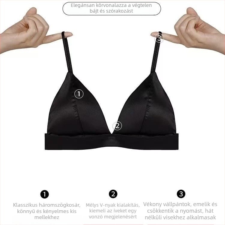 Háromszög kosaras melltartó, vékony formázott kosár, rögzített vállpántok, merevítő nélküli, nylon anyag, francia luxus stílus