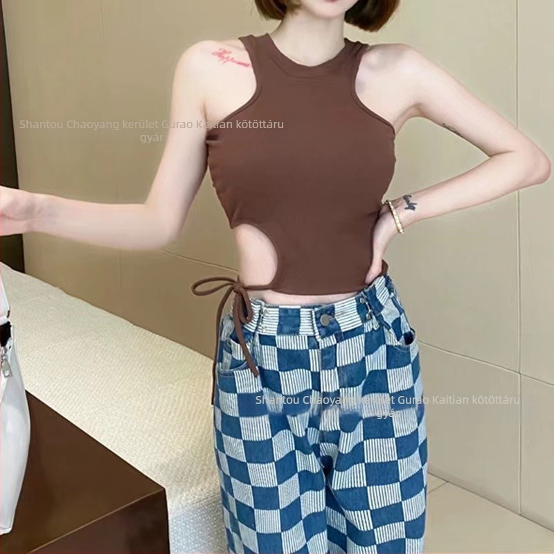 H-szabású pántos kivágott top beépített melltartóbetéttel, crop derekú, női streetwear