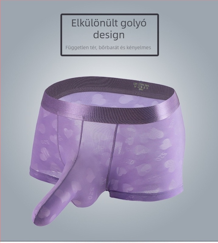 Férfi nylonból készült, jacquard szív mintás alsónemű, középmagas derekú, gát területén spandex bélés, légáteresztő és gyorsan száradó.