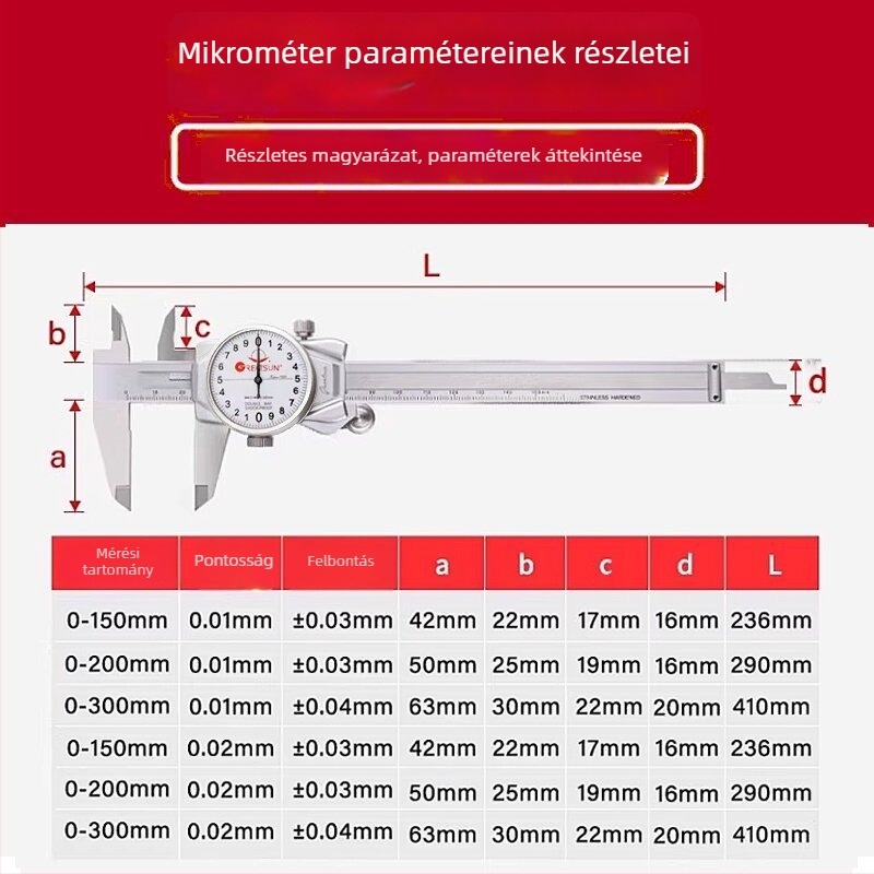Dayang fantom dial tolómérő 0-150 mm, pontosság 0.02/0.01 mm, rozsdamentes acél