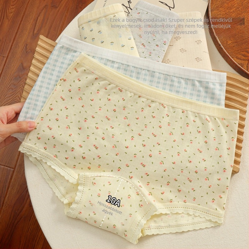 Női virágmintás pamut boxeralsók, antibakteriális és lélegző, középmagas derekú, belső rész 100% pamut