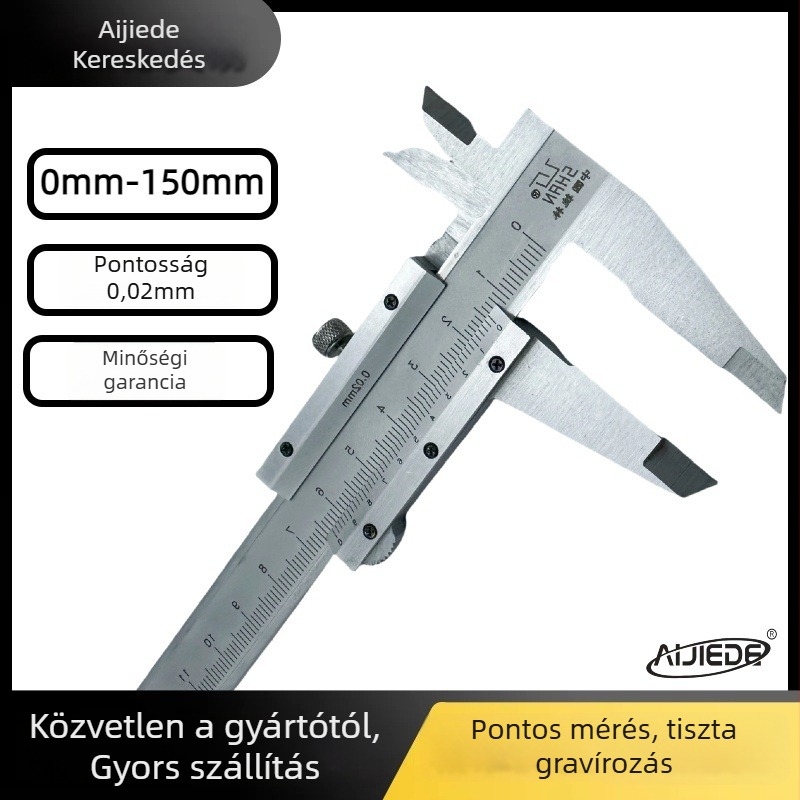Vernier tolómérő, ipari kategóriás, egyértelmű mérés, 0–150 mm tartomány, 0,02 mm felbontás
