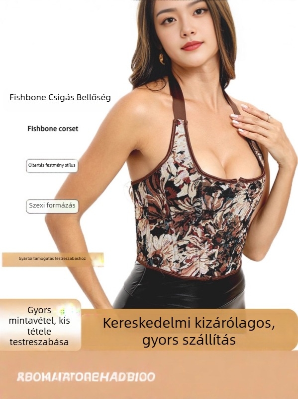 Halter nyakú halcsont-corset felső, derékszorító dizájn, poliészter, virágos mintázat, ultra rövid hossz