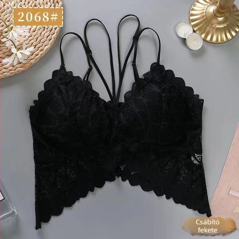Új szexi csipkés melltartó ice silk anyaggal, hátul dizájn, duplázott vállpántok, latex kosár, párnázott, acélgyűrű nélküli