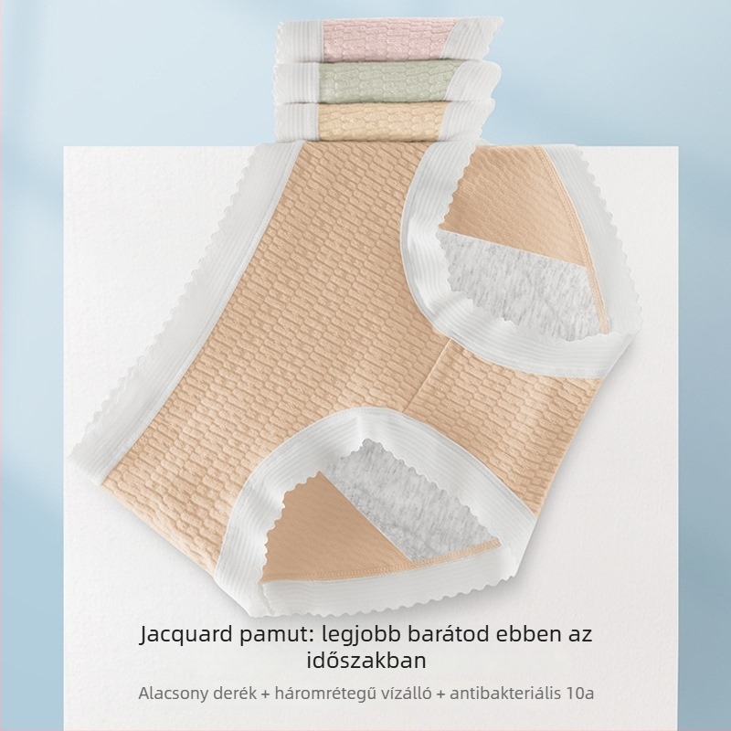 Pamut női bugyi menstruációhoz – lélegző jacquard szövés, alacsony derekú fazon, szivárgás elleni védelem.