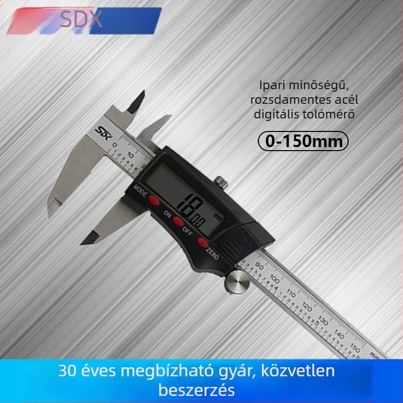 Rozsdamentes acél elektronikus digitális tolómérő 0-150 mm, nagy pontosságú, ipari szint