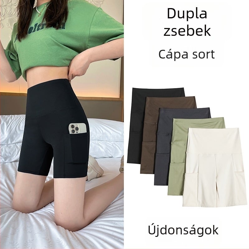 Női nyári háromnegyedes biztonsági sportshort, nagy zsebbel, fenékemelő és hasformázó