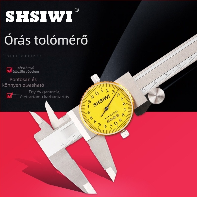 Vernier tolómérő dial kijelzővel, tartományok 0-150 mm (0,02 mm) és 0-200 mm (0,02 mm); 0-150 mm (0,01 mm) és 0-200 mm (0,01 mm)