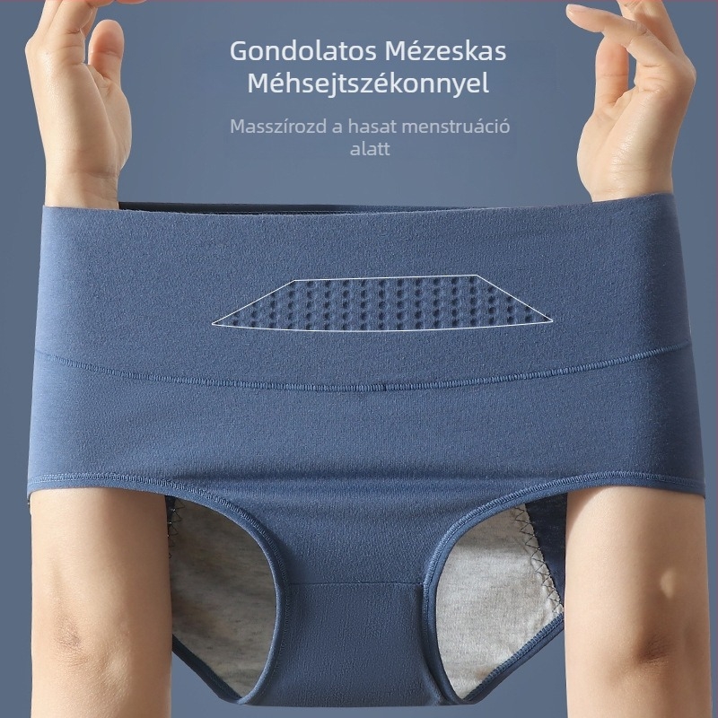 Női menstruációs fehérnemű magas derekú; fő anyag 95% pamut; szemérem része 100% pamut; kötött anyag.
