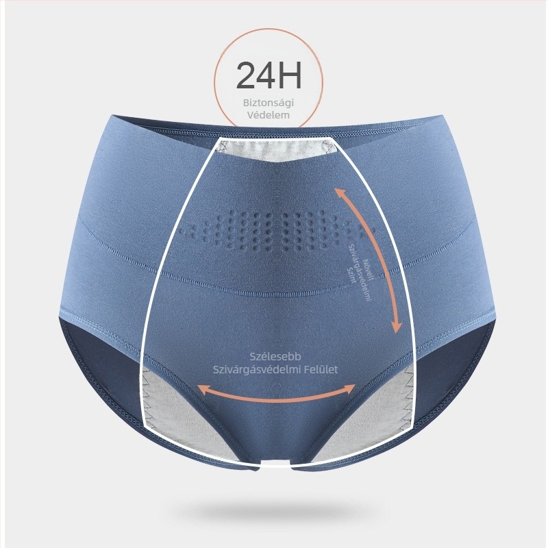 Női menstruációs fehérnemű magas derekú; fő anyag 95% pamut; szemérem része 100% pamut; kötött anyag.