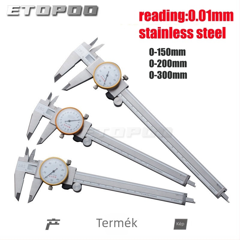 ETOPOO kétirányú ütésálló vernier tolómérő aranyszegéllyel, felbontás 0,01 mm, 0–150 mm és 200 mm