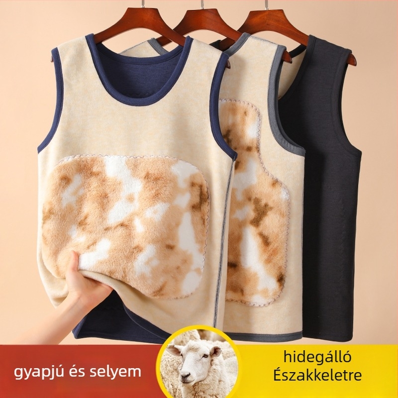 Férfi poliészter termikus mellény fleece belsővel, dupla réteg, kapucnival, kerek nyakú, hát- és hasvédő, antibakteriális, velúr bélés, 251–300 g/m²