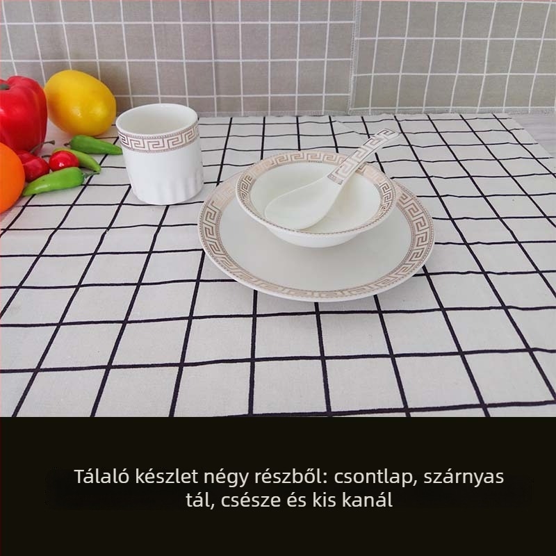 Szállodai étkezőkészlet, 4 darab, európai stílus, csontporcelán aranyszegéllyel, kör alakú tányérok és tálak