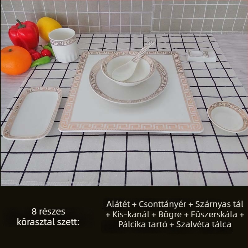 Szállodai étkezőkészlet, 4 darab, európai stílus, csontporcelán aranyszegéllyel, kör alakú tányérok és tálak