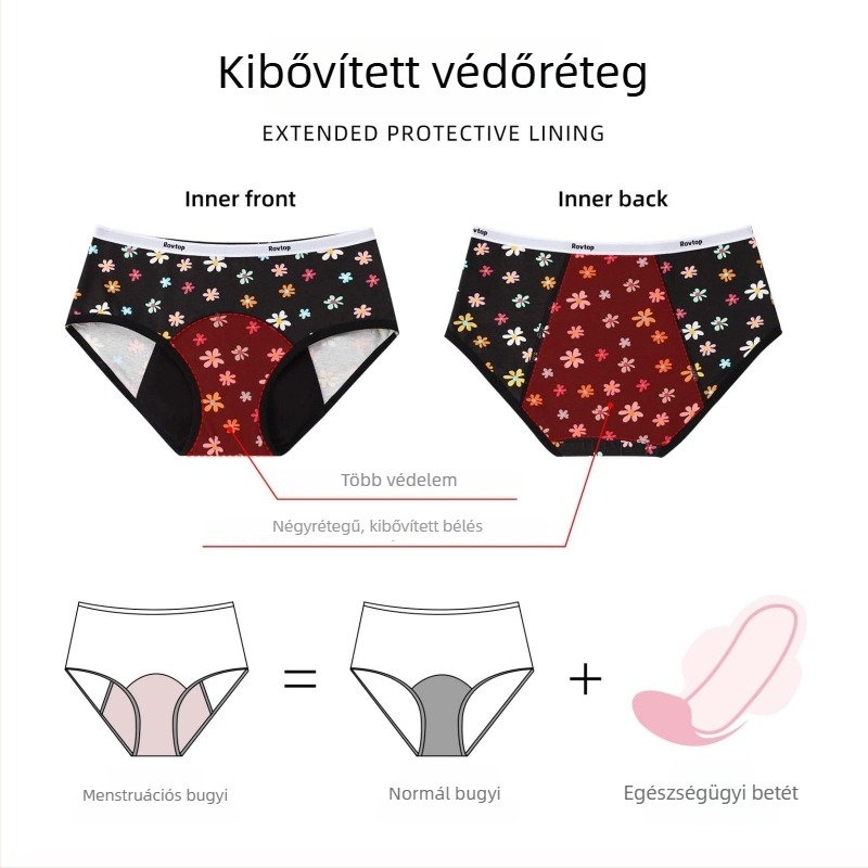 Női menstruációs fehérnemű, nedvszívó és szivárgásmentes, pamut ágyék részével, középmagas derekú