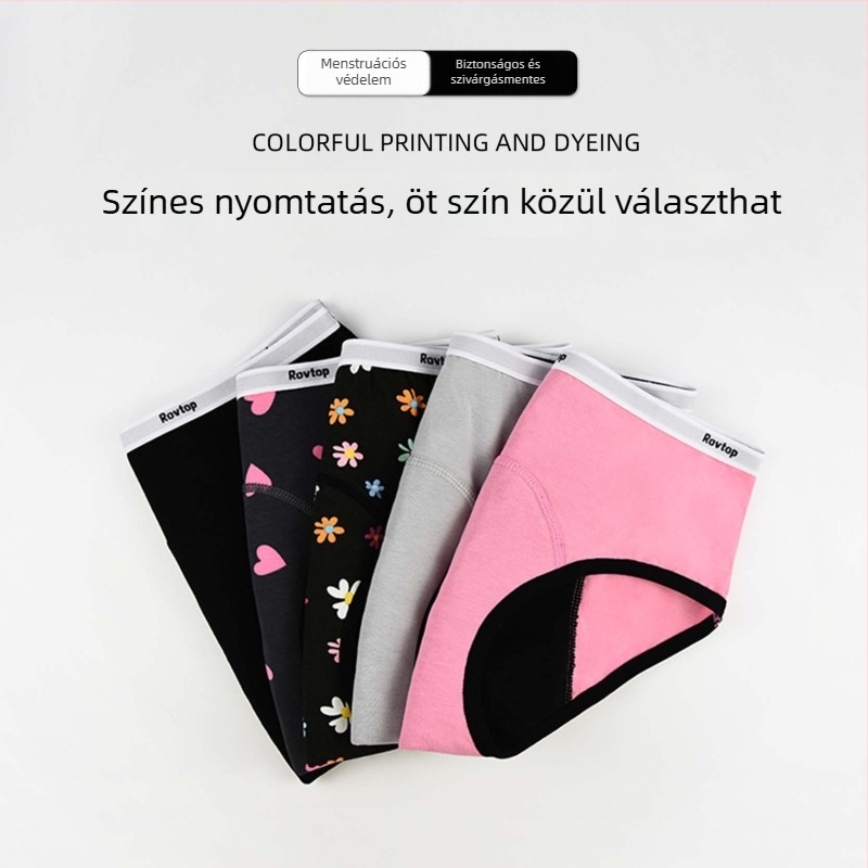 Női menstruációs fehérnemű, nedvszívó és szivárgásmentes, pamut ágyék részével, középmagas derekú