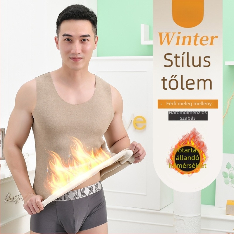 Férfi ősz-tél meleg mellény, egyszínű, V-nyakú, kétoldalas bolyhos fleece, pulóver-stílusú