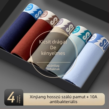 Férfi pamut boxeralsó, középmagas derekú, lélegző anyagú, 90–95% pamut tartalom, 40 szálas szövés, gáttáji bélés regenerált cellulózrostból.