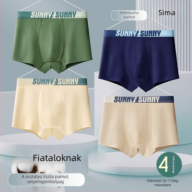 Férfi pamut boxeralsó, középmagas derekú, lélegző anyagú, 90–95% pamut tartalom, 40 szálas szövés, gáttáji bélés regenerált cellulózrostból.