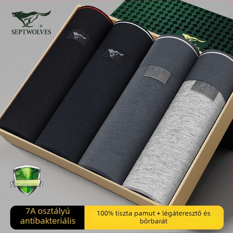 Septwolves férfi pamut lélegző boxeralsó, középmagas derekú, karcsú fazon, egyszínű, 4 darabos csomag