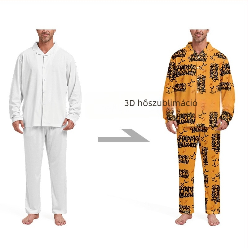 Halloween 3D férfi pizsama készlet rever galléros, hosszú ujjú felső és nadrág, kényelmes otthoni viselet, poliészter-spandex keverék
