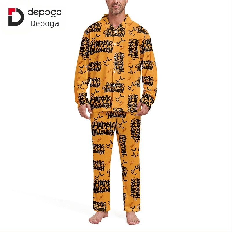 Halloween 3D férfi pizsama készlet rever galléros, hosszú ujjú felső és nadrág, kényelmes otthoni viselet, poliészter-spandex keverék