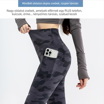 Kamuflált Shark-Skin jóga nadrág, poliészter-spandex keverék, 9/10 hossz, magas elasztikusság, szűk fazon