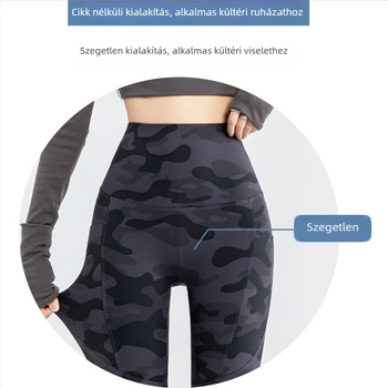 Kamuflált Shark-Skin jóga nadrág, poliészter-spandex keverék, 9/10 hossz, magas elasztikusság, szűk fazon