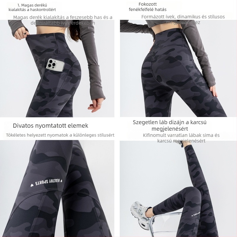 Kamuflált Shark-Skin jóga nadrág, poliészter-spandex keverék, 9/10 hossz, magas elasztikusság, szűk fazon