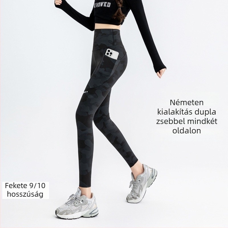 Kamuflált Shark-Skin jóga nadrág, poliészter-spandex keverék, 9/10 hossz, magas elasztikusság, szűk fazon
