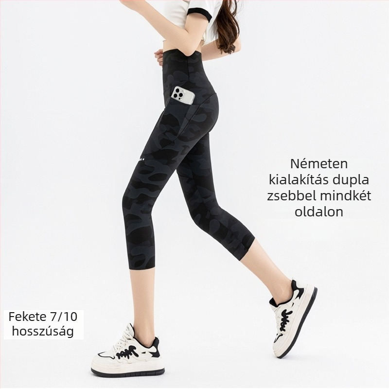 Kamuflált Shark-Skin jóga nadrág, poliészter-spandex keverék, 9/10 hossz, magas elasztikusság, szűk fazon