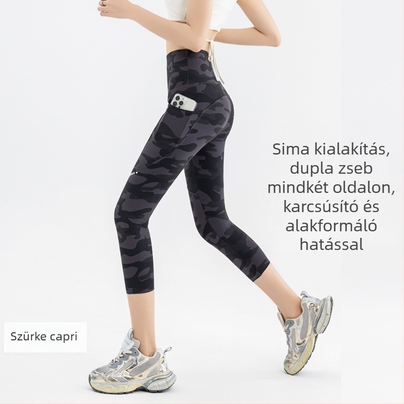 Kamuflált Shark-Skin jóga nadrág, poliészter-spandex keverék, 9/10 hossz, magas elasztikusság, szűk fazon