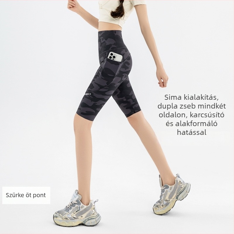 Kamuflált Shark-Skin jóga nadrág, poliészter-spandex keverék, 9/10 hossz, magas elasztikusság, szűk fazon