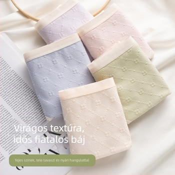 Pamut menstruációs alsónemű középmagas derekú, jacquard kötéses, fő anyag 95% pamut, ágyék rész bélés 100% pamut