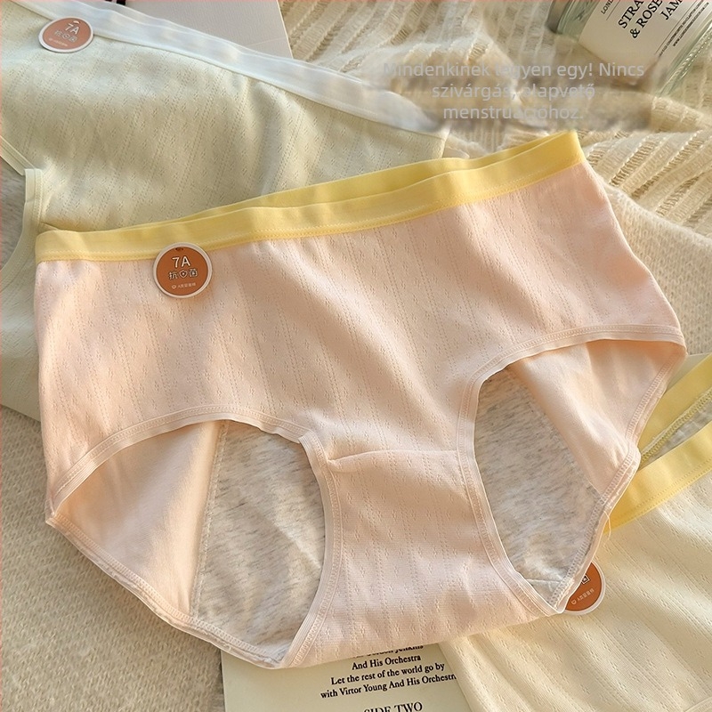 Női pamut menstruációs alsónemű, középmagasságú fazon, egyszínű, külső anyag 95,7% pamut, intim rész 100% pamut, kötött anyag.