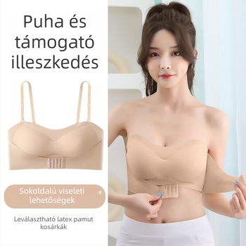 Női vállpánt nélküli melltartó, push-up hatású, testformázó kialakítás, vezeték nélküli, levehető vállpántokkal, 3/4 kosár