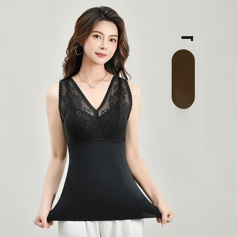 Melegítő csipkés V-nyakú alapréteg nőknek, eltávolítható belső csészékkel, nylon anyagból, vastag anyag 251–300 g/m², testformázó és melegítő