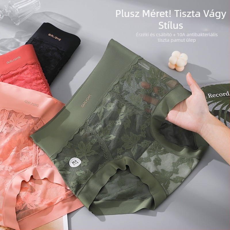 Plusz méretű női csipkés magas derékú bugyi a has formázásához, virágos mintával, pamut alátét