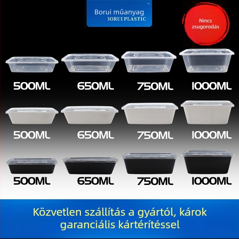 Egyszer használatos ebédes doboz, téglalap alakú, vastagított kivitelű, fedéllel, PP műanyagból, mikrohullámú sütőben használható