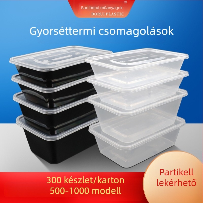 Egyszer használatos ebédes doboz, téglalap alakú, vastagított kivitelű, fedéllel, PP műanyagból, mikrohullámú sütőben használható