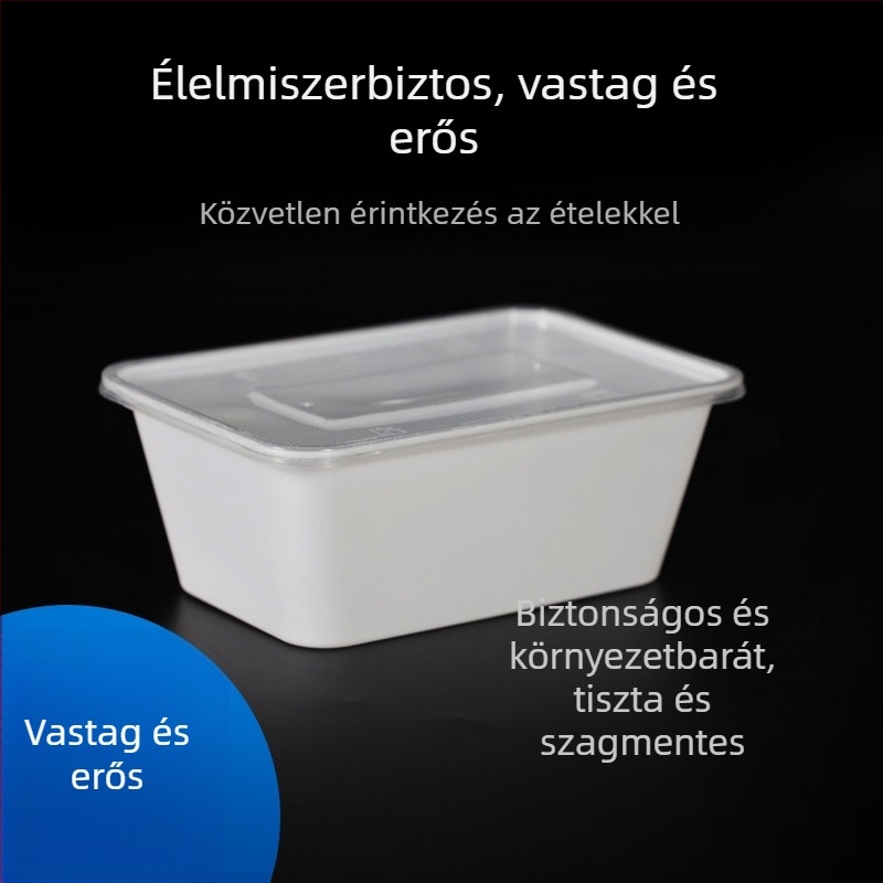 Egyszer használatos ebédes doboz, téglalap alakú, vastagított kivitelű, fedéllel, PP műanyagból, mikrohullámú sütőben használható