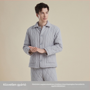 Férfi téli otthoni ruházati készlet: háromrétegű vastag fleece és steppelt pamut, kardigán stílus, hosszú ujjak, nadrág (háromrétegű vastag fleece; kardigán stílus; hosszú ujjak; nadrág)